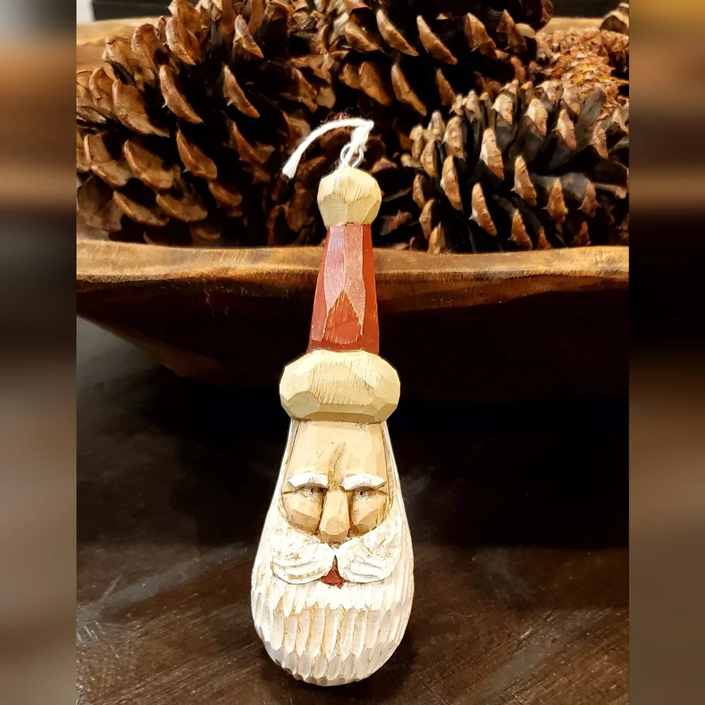 Vtg R.J. Zeit Signed Handcarved Wood Primitive Folk Art Santa Ornament 1996